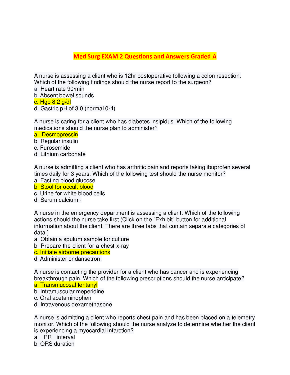 Preview image for Med Surg EXAM 2 →PRIORITY TWO.  NURSING 110 Helpful Questions and Answers. Already Graded A